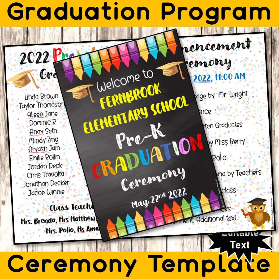EDITABLE PreK Graduation Ceremony Program Template, for All Grades