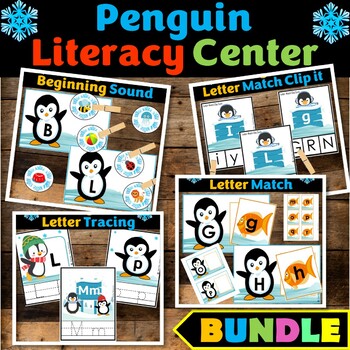 Penguin Literacy Center Task Cards Bundle, Arctic Animal Activities