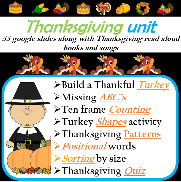 Thanksgiving Literacy and Math Unit, Thankful Turkey –58 google slides/PPT