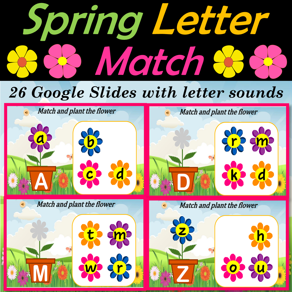 Spring Digital Letter Matching, Uppercase and Lowercase, Virtual - 26 Google Slides