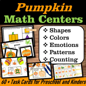 Pumpkin Math Centers (Task Cards) Numbers, Shapes, Colors, Emotions, Playdough Mats | October