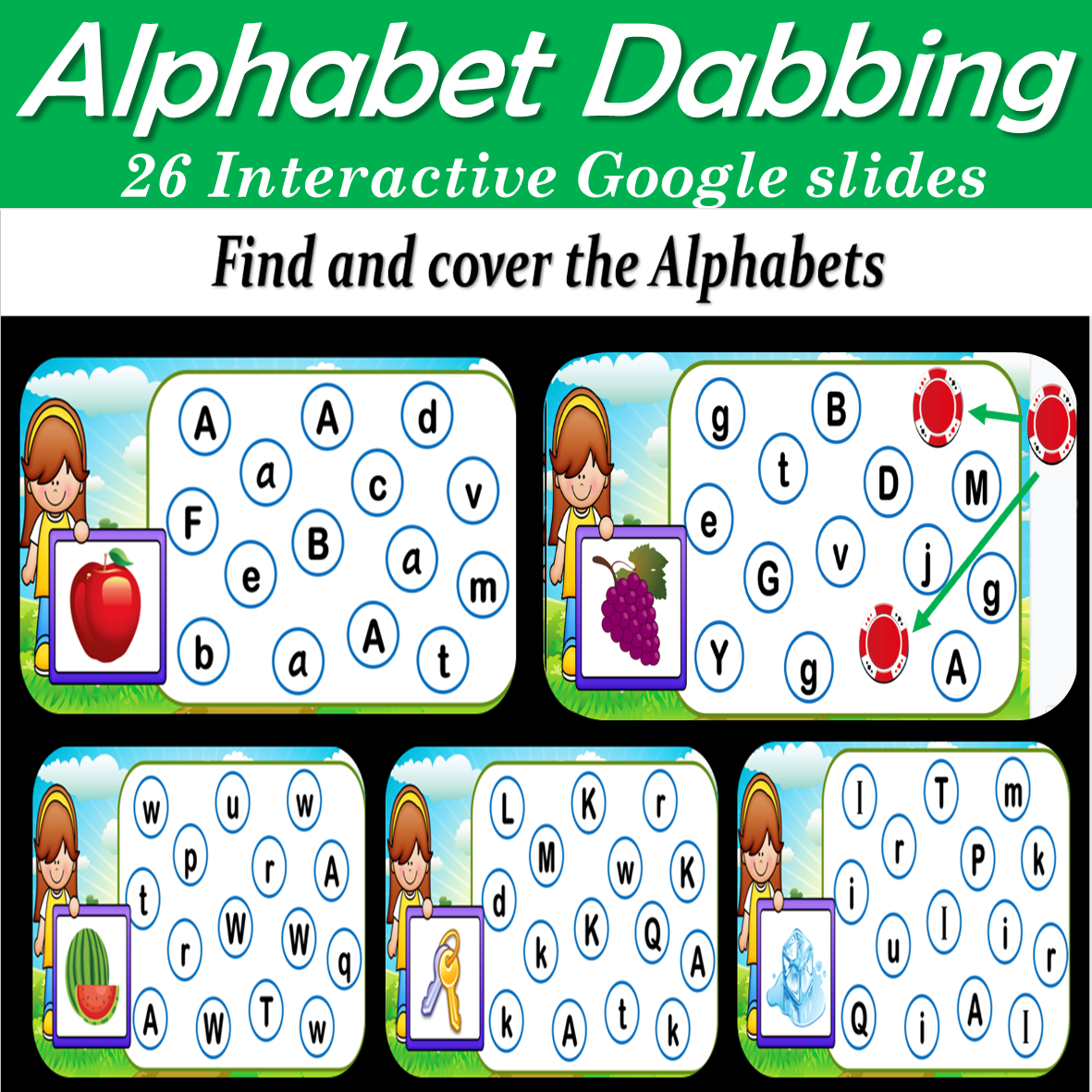 Digital Alphabet Find and Dab Game | Virtual Letter Dabbing – 26 Google slides
