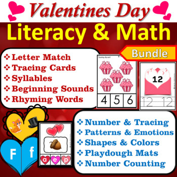 Valentines Day Literacy & Math Centers Task Cards Bundle