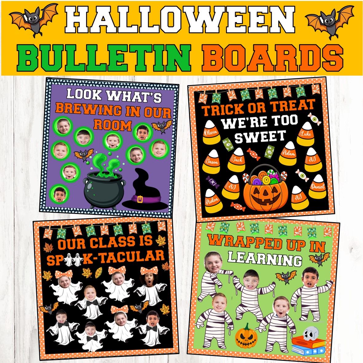 Halloween Bulletin Board/ door decor ideas, Ghost, Mummy, Candy corn craft