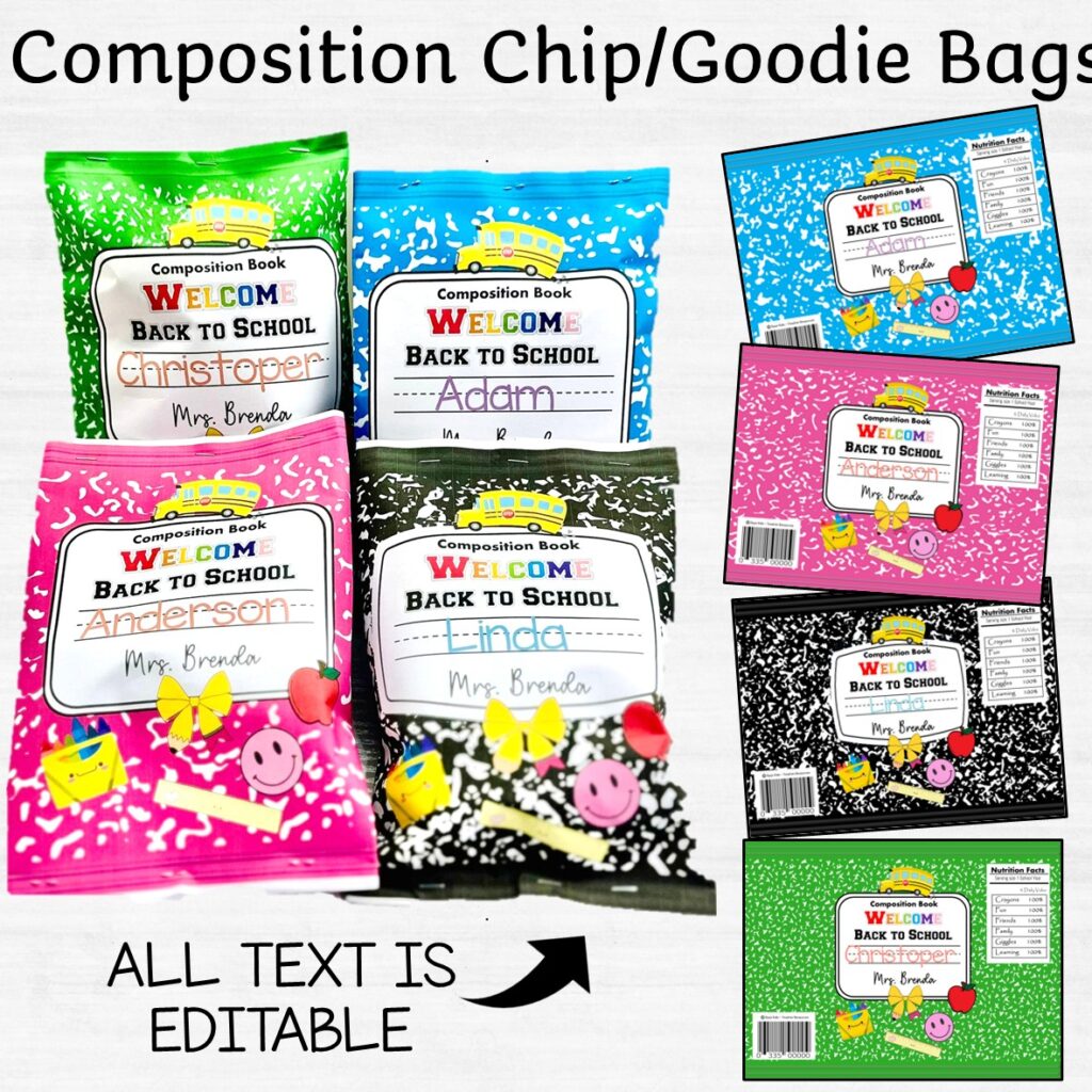 Composition Notebook Chip Goodie Bag, Gift Tag, Back to school